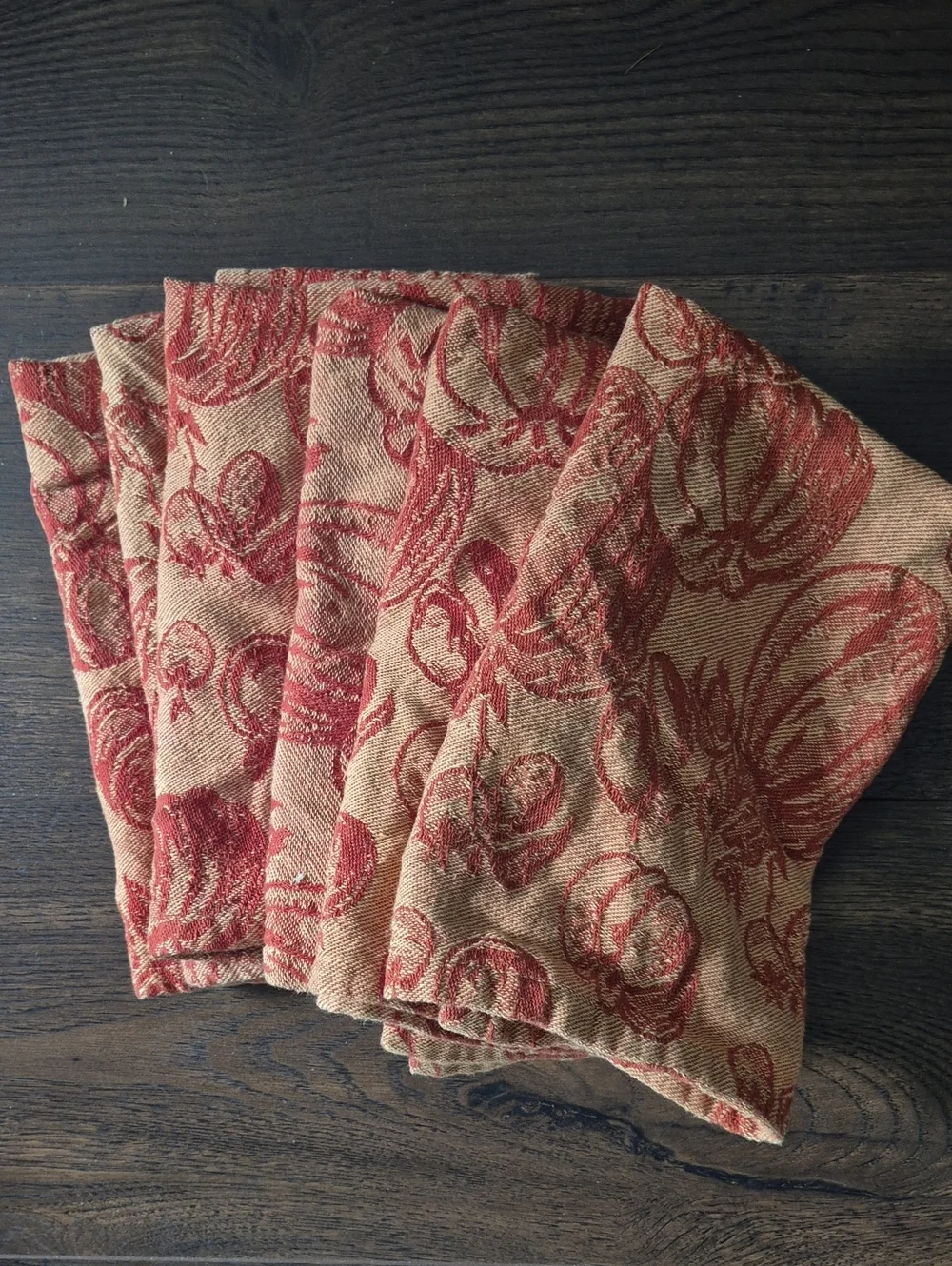 Crate and Barrel Set Of 6 Napkins, Orange Pumpkins Cloth, Nice Condition